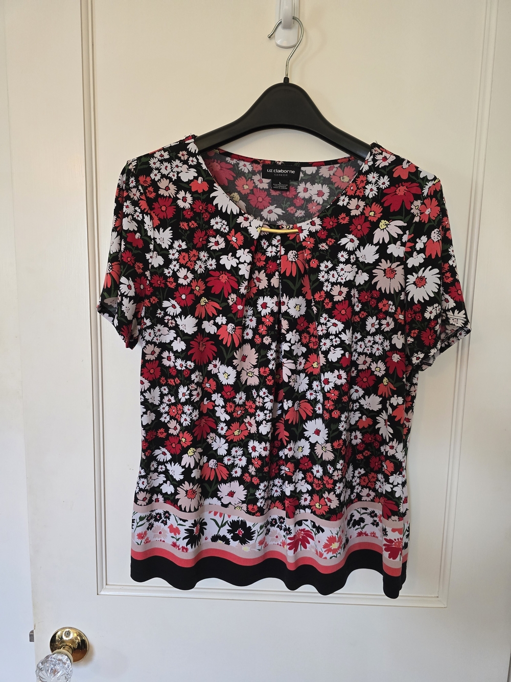 Liz Claiborne Black Floral Short-Sleeve Tee with Red & White Blooms